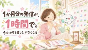 1か月分の発信が、1時間で。｜ピアノの先生とAI秘書ロボットのイラスト