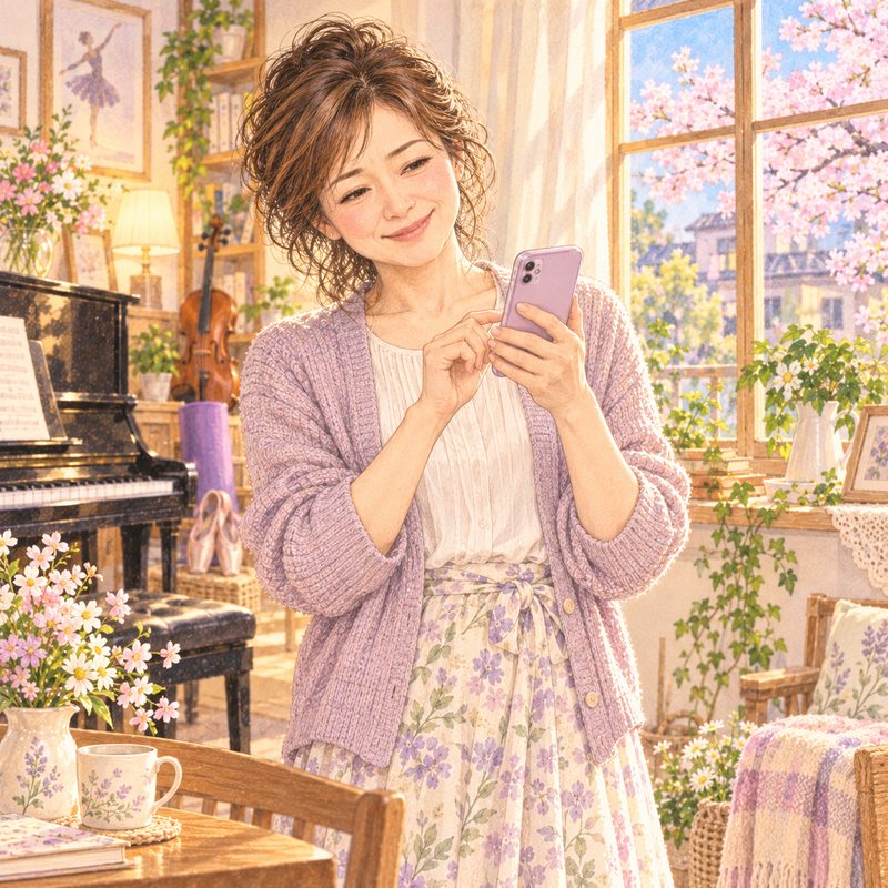 スマホを見てほほえむ先生