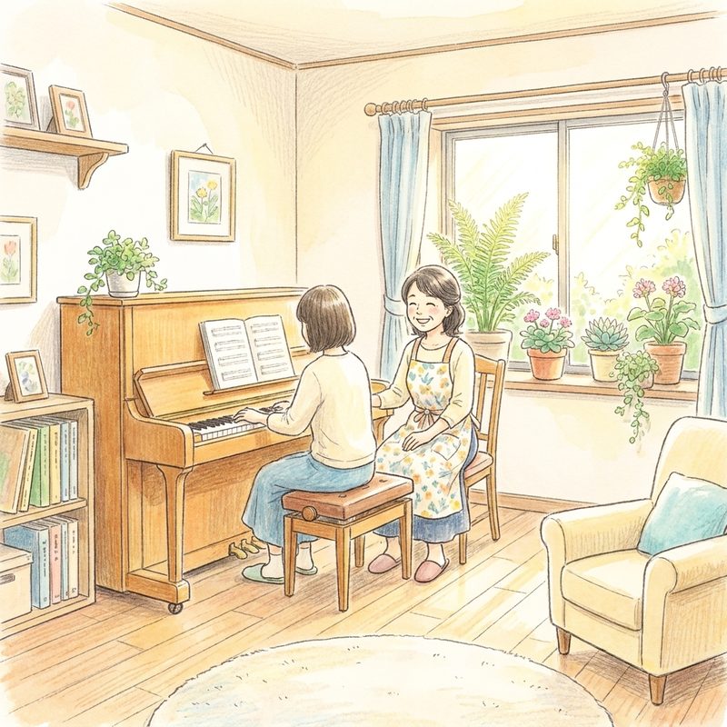 ピアノのそばで話す先生と生徒