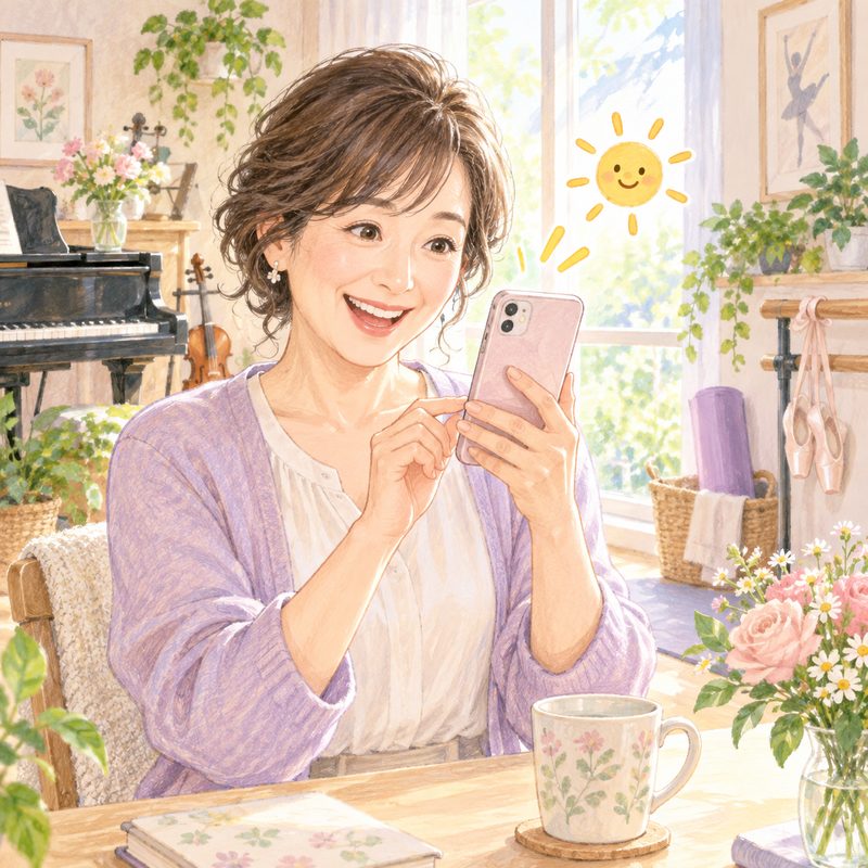 笑顔で写真を手にする先生