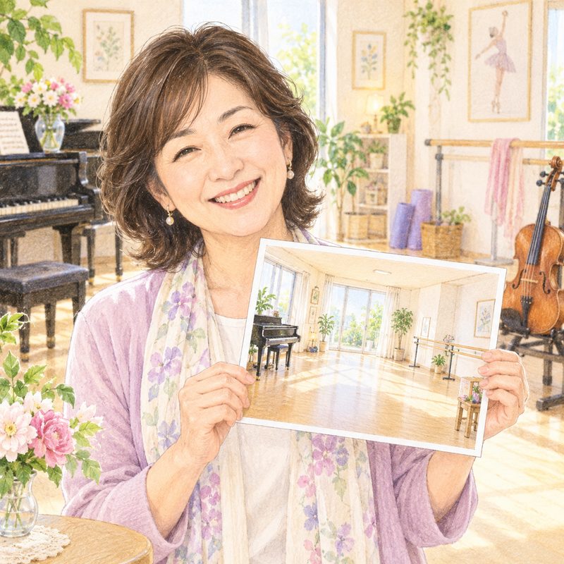 教室の写真を手にほほえむ先生