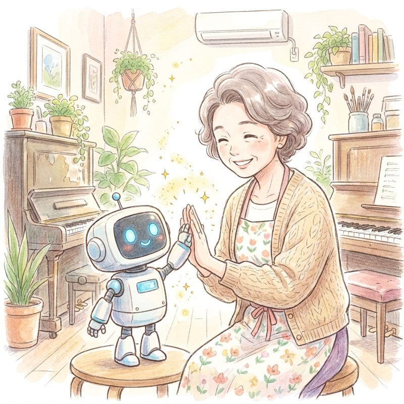 AIの秘書と一緒に作業する先生