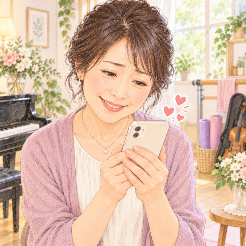 スマホを見てほほえむ先生