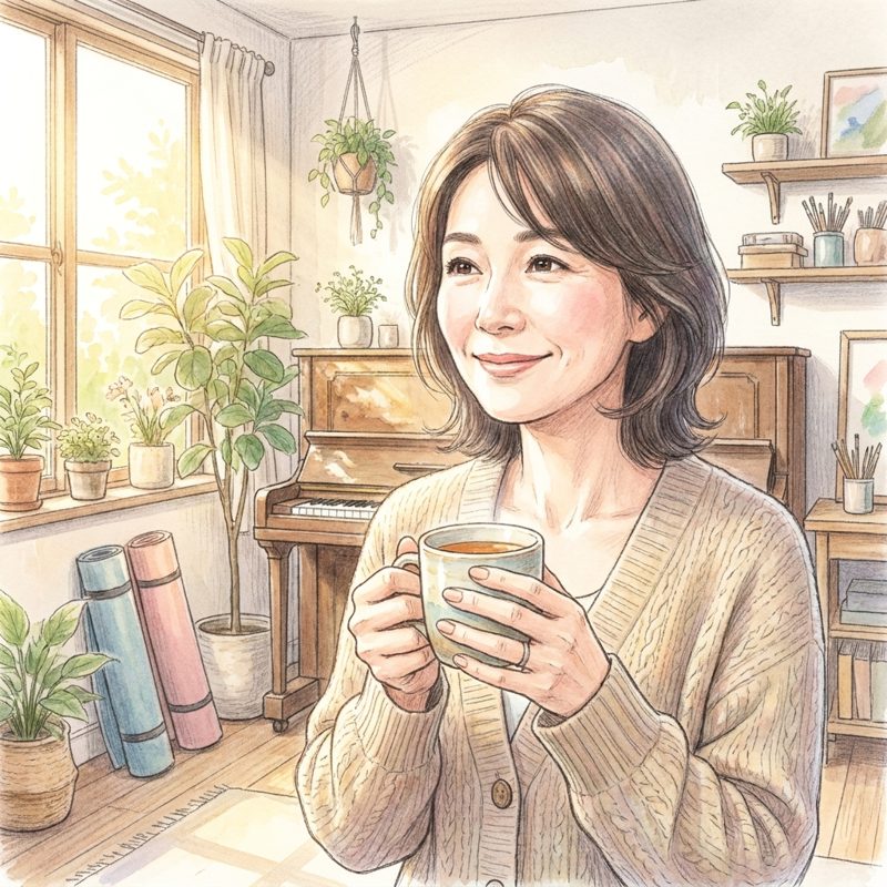 コーヒーを手にほっとする先生