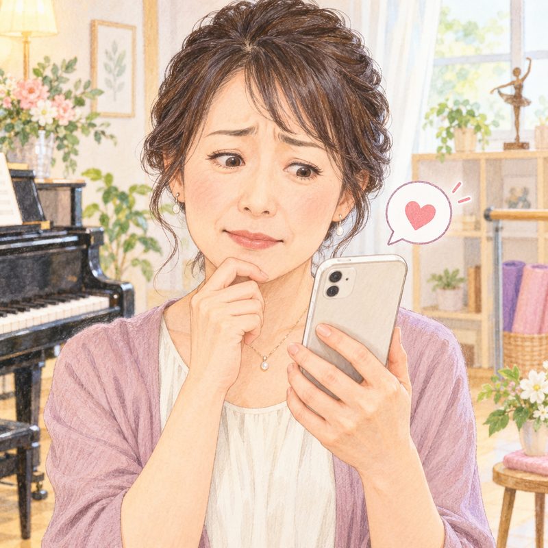 スマホを見てほほえむ先生