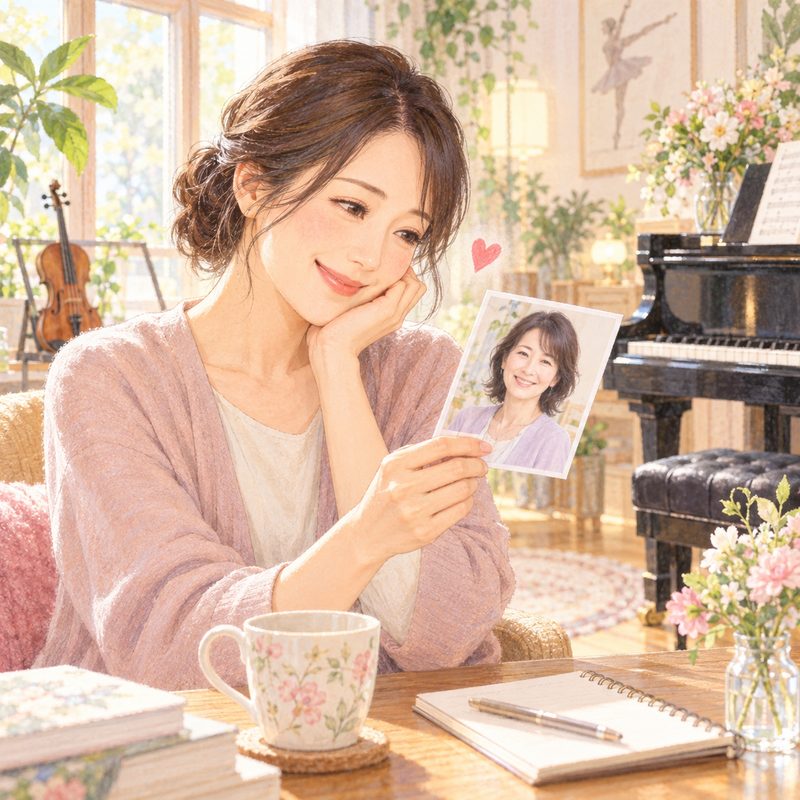 写真を手にほほえむ先生