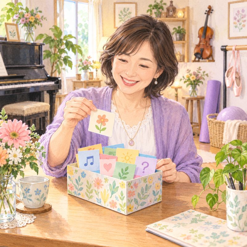 お礼のカードを手に、にっこりする先生