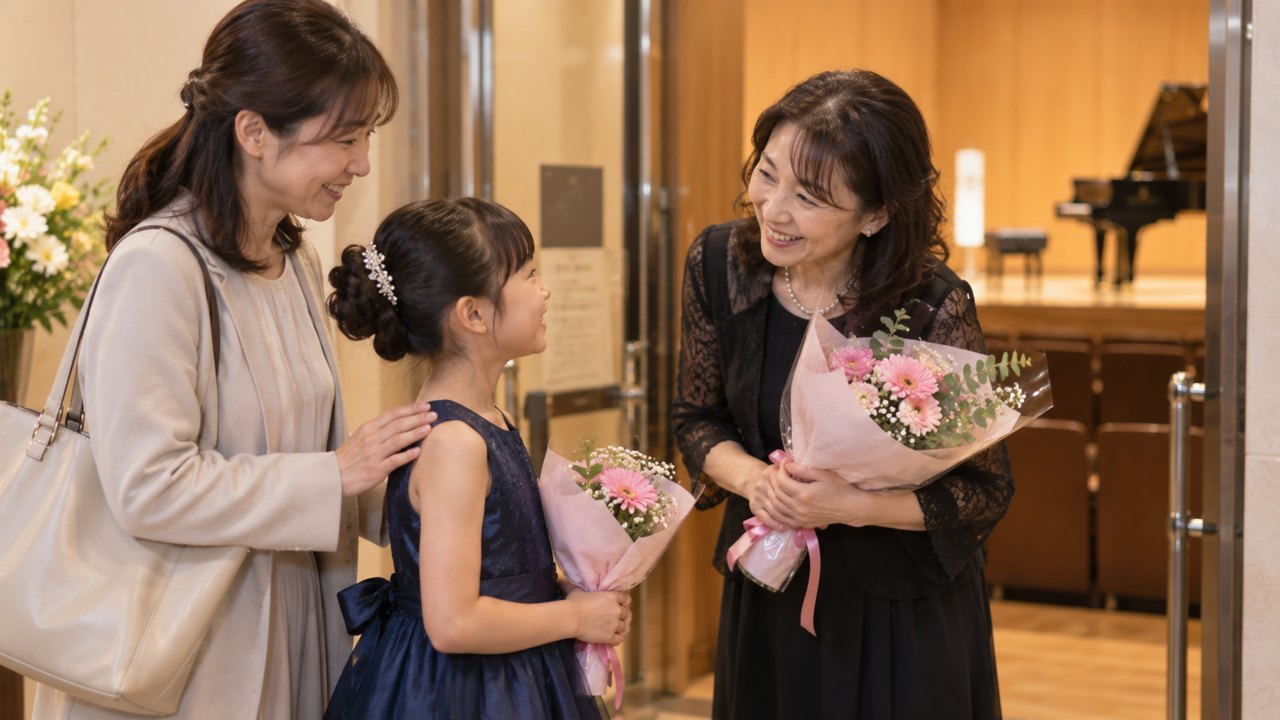 発表会のあと、花束を持った生徒さん親子と笑顔で話すピアノの先生