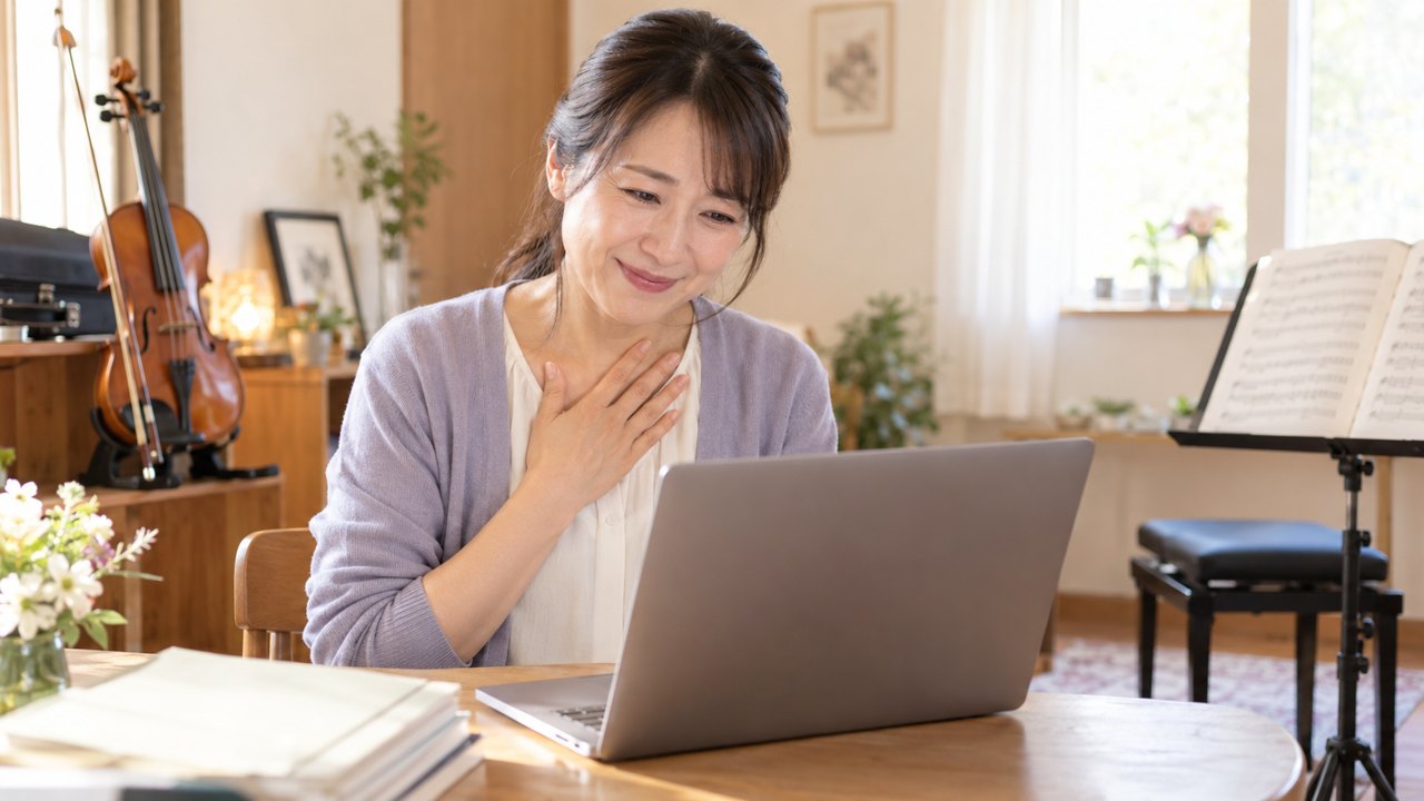 口コミを読んで胸に手を当ててよろこぶ先生