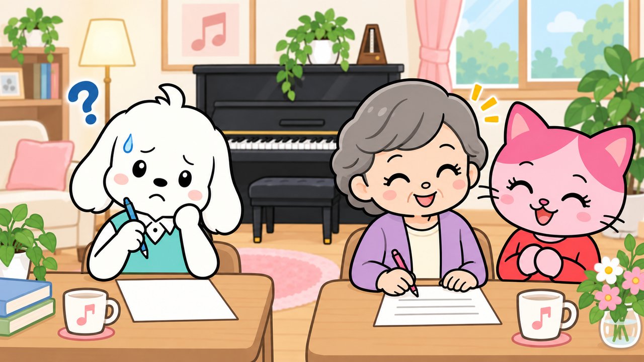 ピアノ教室の先生がメモに教室のことを書き出しているイラスト