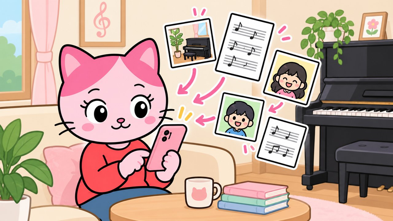 スマホでピアノ教室の情報をAIに渡しているイラスト