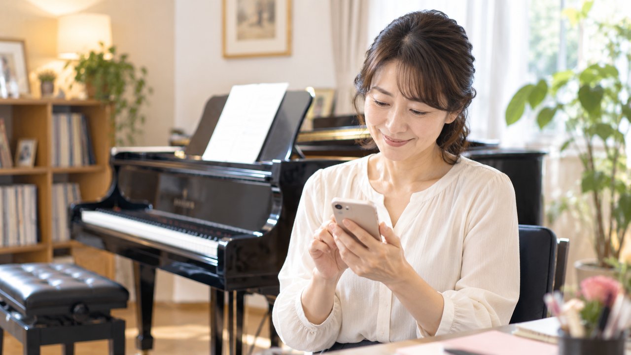 ピアノのそばで、生徒さんへのお返事をスマホで書いている先生