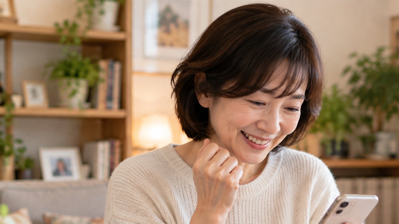 ピアノ教室の先生から届いたお便りをスマホで読んで笑顔になる女性