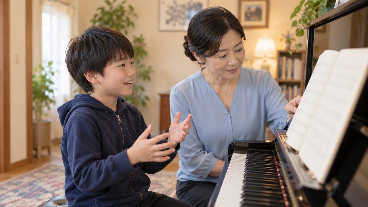 レッスン中に話をする男の子とピアノの先生