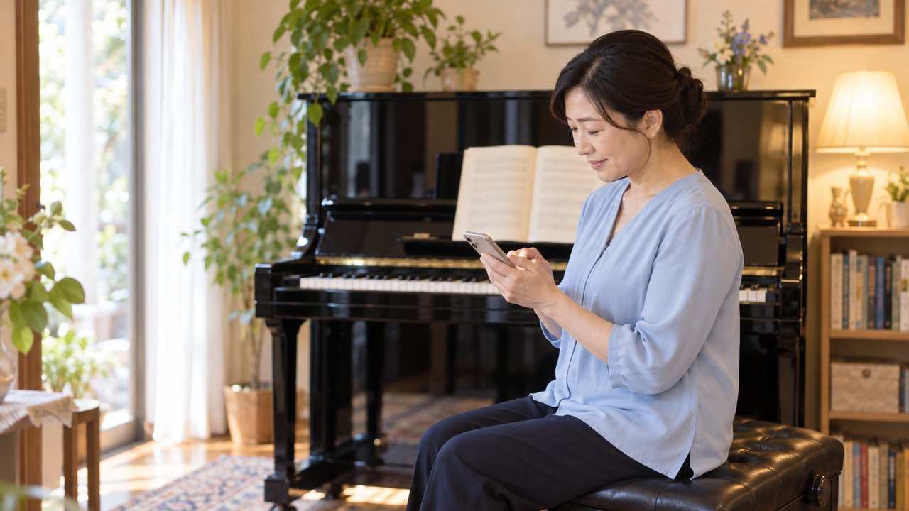 レッスンのあとにスマホでメモを書くピアノの先生