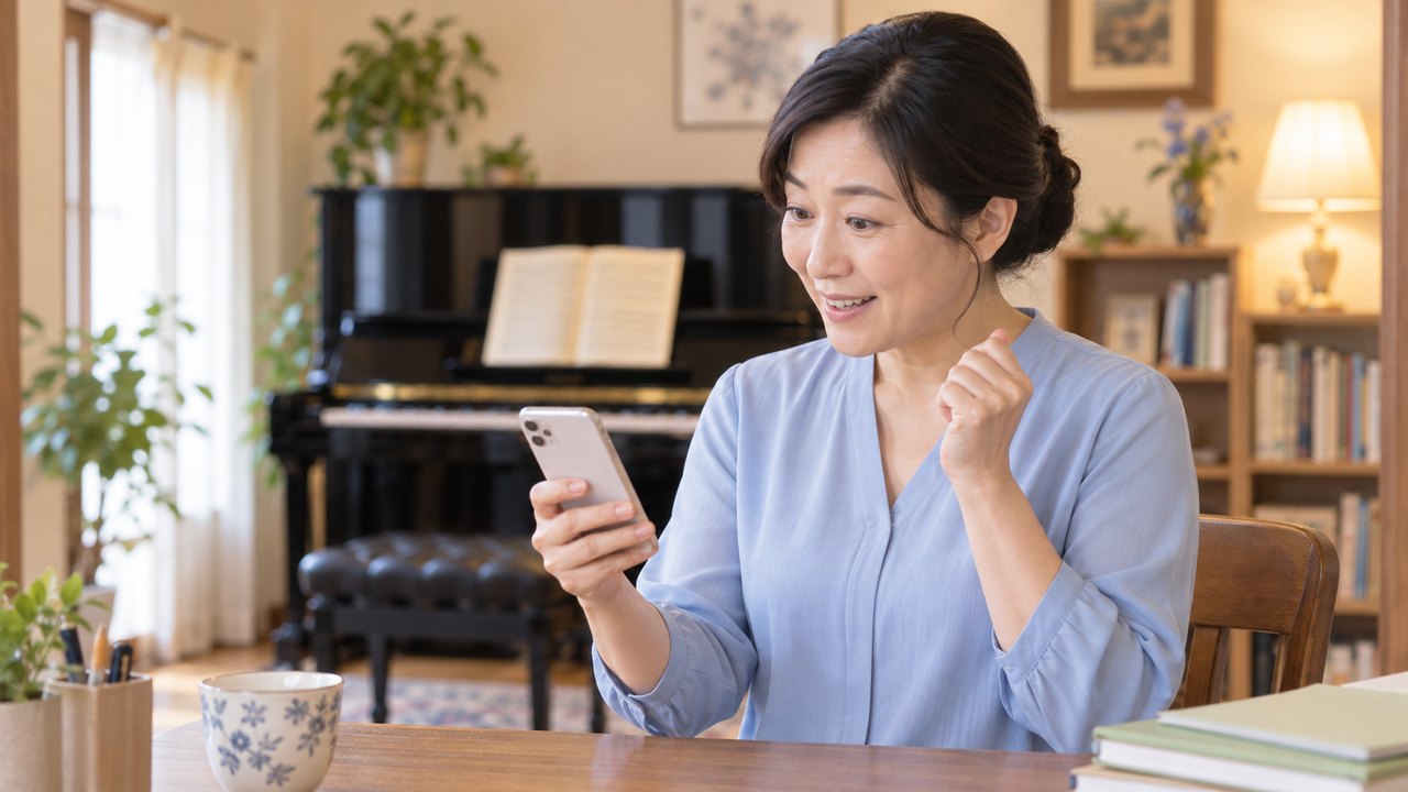スマホを見てほほえむピアノの先生