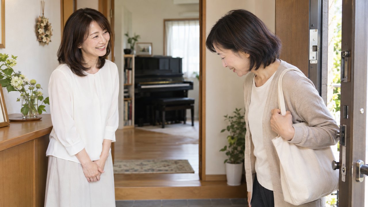 体験レッスンの終わりに玄関で見送るピアノの先生