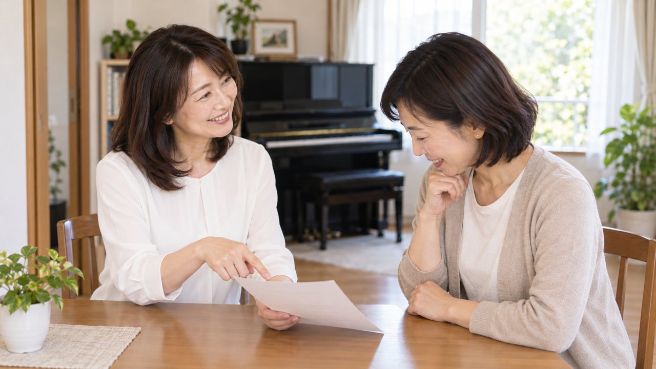 お知らせの紙を見せながら説明するピアノの先生