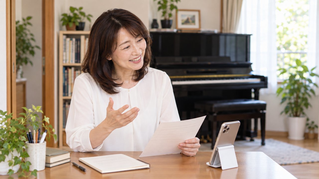 最後の3分の台本を手に話すピアノの先生