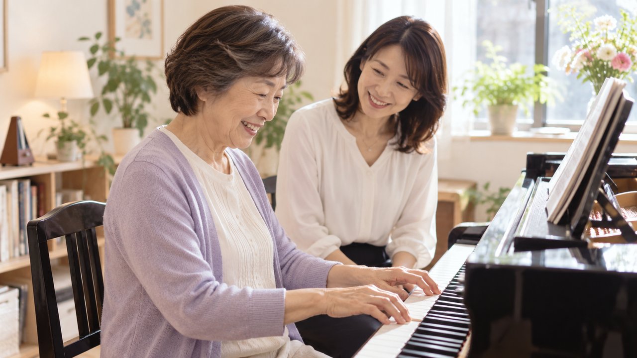 ピアノ教室で先生と並んでピアノを弾く大人の生徒さん