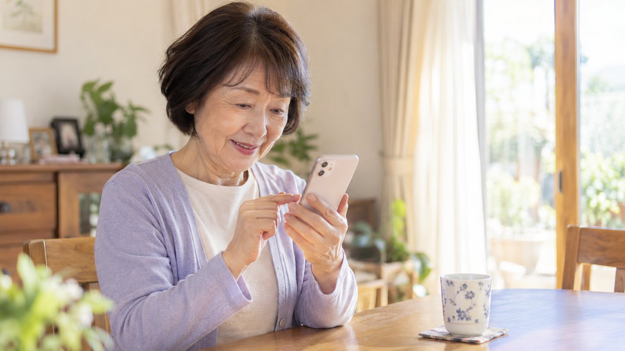 自宅でスマホからピアノ教室に気になることを問い合わせる女性