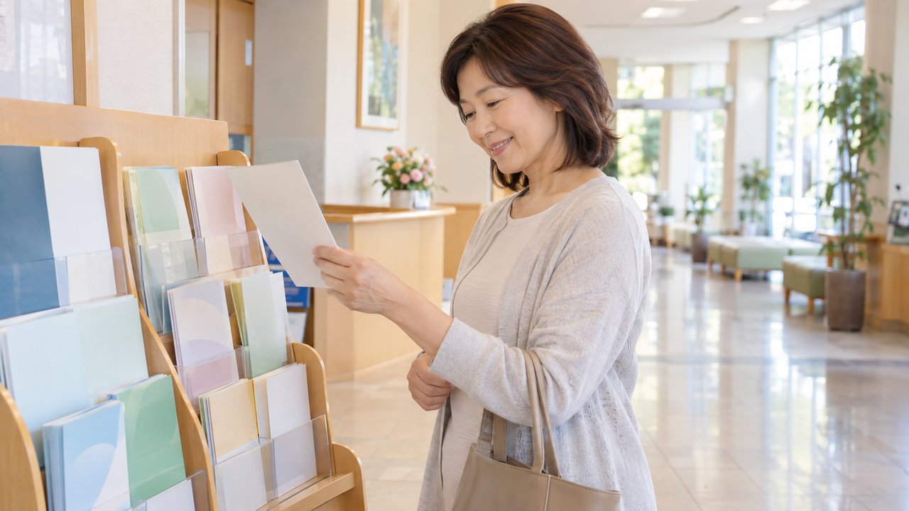 教室の案内を手に取って読む大人の女性