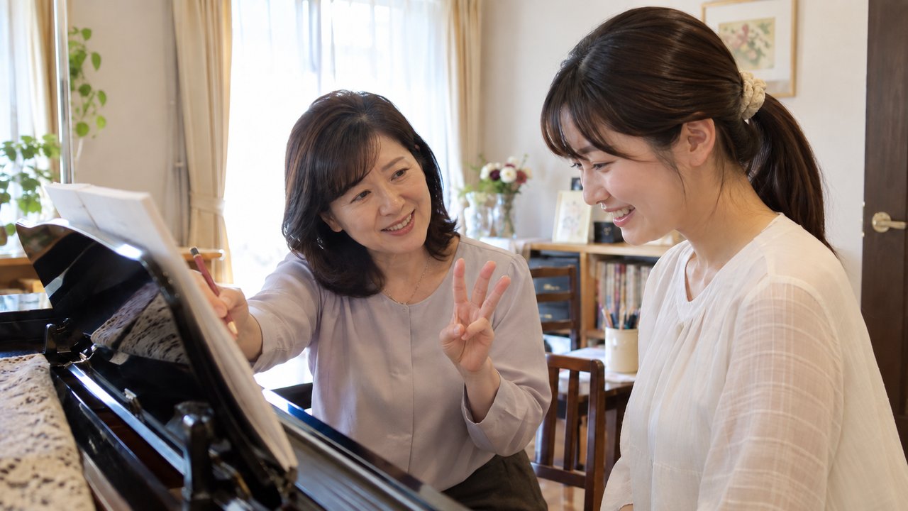 ピアノの前で、楽譜を指さしながら生徒さんに練習する場所を伝えている先生