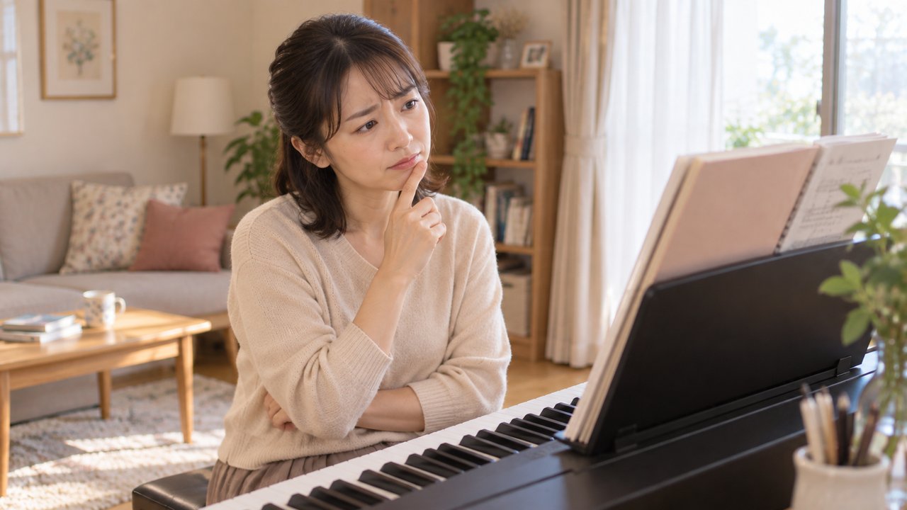 おうちのピアノの前で、いつ弾こうかと考えている女性
