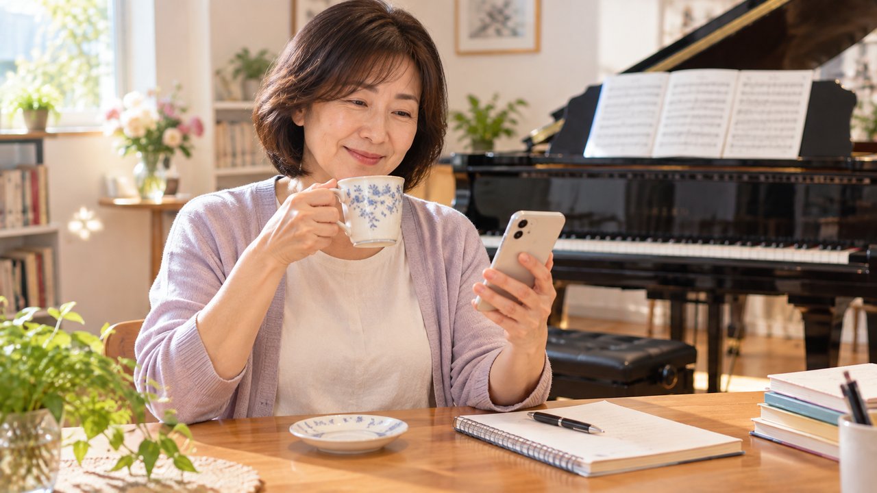 レッスンのあと、ピアノのそばでスマホを見ながらひと息つく先生